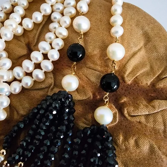 Lariat pearl necklace petite pearls high luster 18k GP hand knottedA0123 -1Q